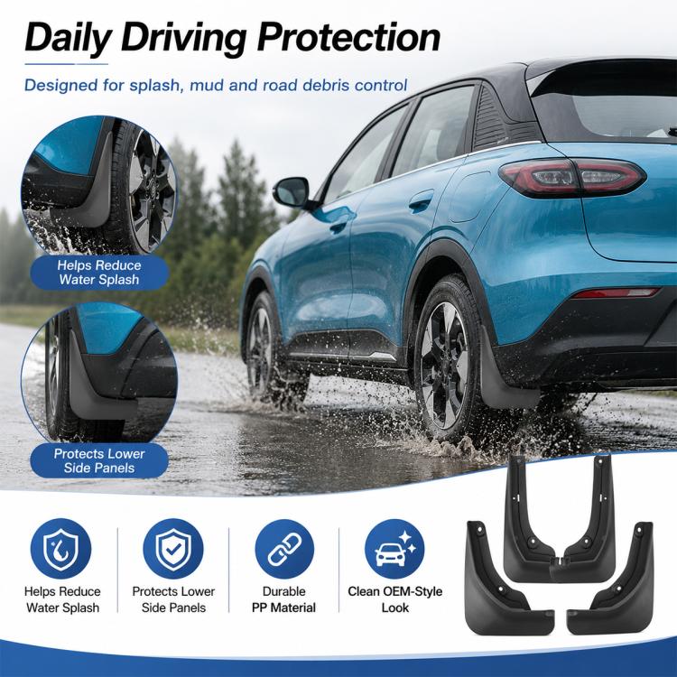 Black splash mud flaps on a blue car, helping reduce water splash.
