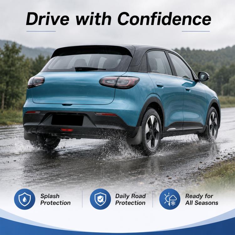 Black splash mud flaps on a blue SUV, ready for daily road protection.