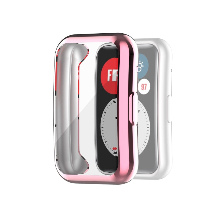 TPU protective watch case cover with transparent window and pink trim, smartwatch display visible.