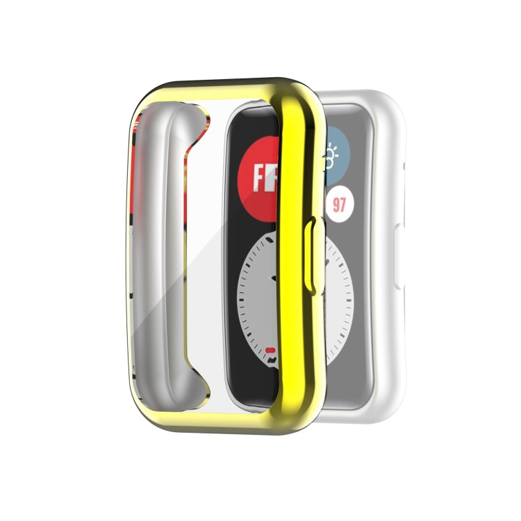 Full-coverage TPU watch case cover, clear with silver sides and yellow inner frame