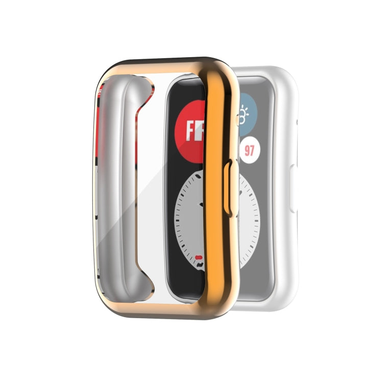 Full-coverage TPU watch case cover, clear with silver sides and rose-gold inner frame