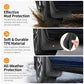 Black TPE car mud flaps with flexible molded shape and mounting bolt holes.
