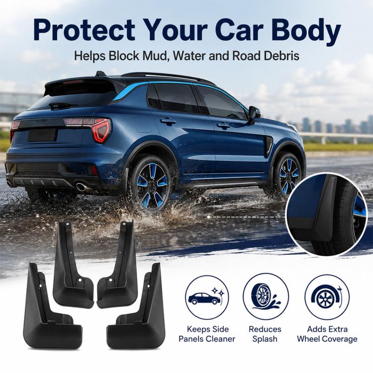 Black splash flap set for protecting wheel area from mud and water spray.