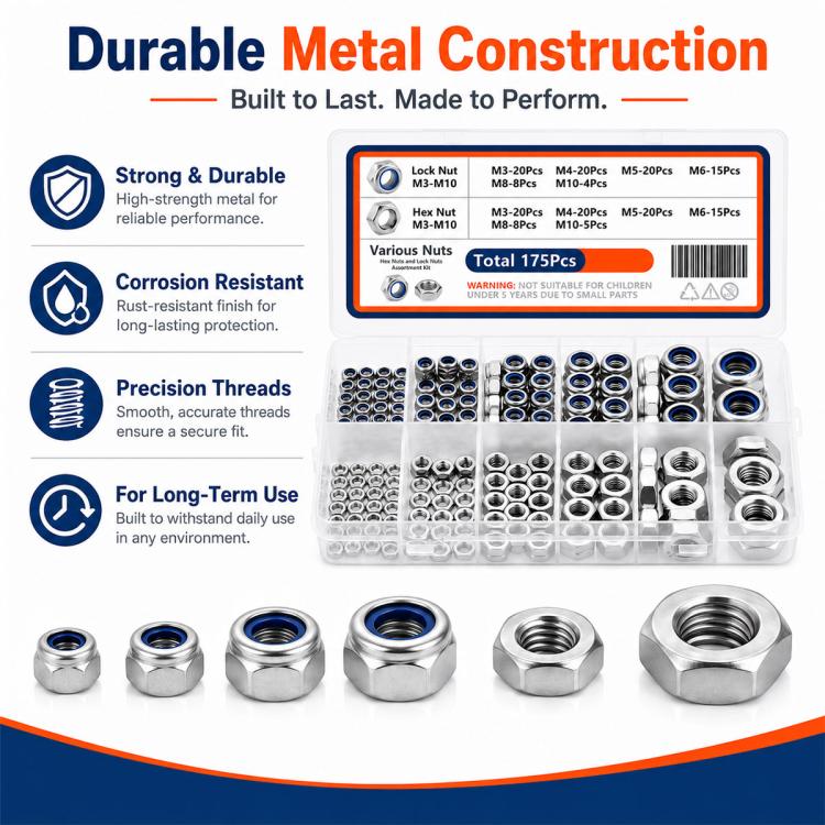 175PCS Lock Nuts and Hexagonal Nut Plug Set, M8 175PCS