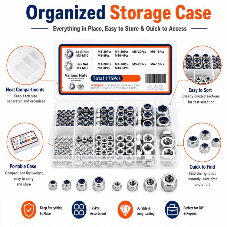 175PCS Lock Nuts and Hexagonal Nut Plug Set, M8 175PCS