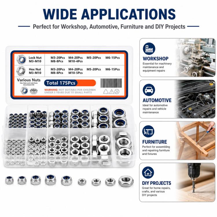 175PCS Lock Nuts and Hexagonal Nut Plug Set, M8 175PCS