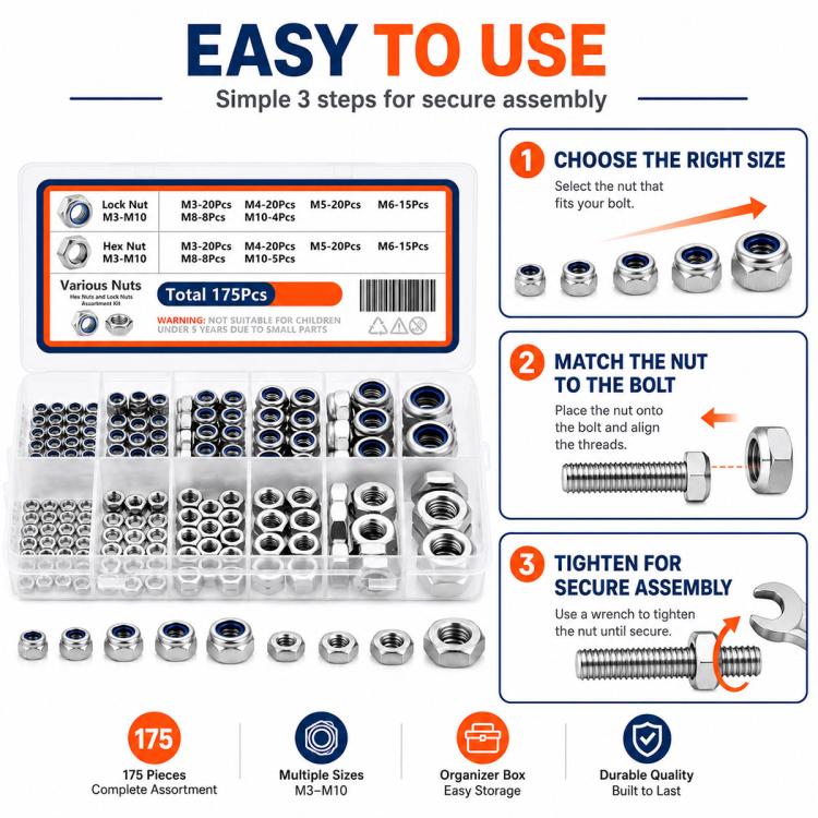 175PCS Lock Nuts and Hexagonal Nut Plug Set, M8 175PCS