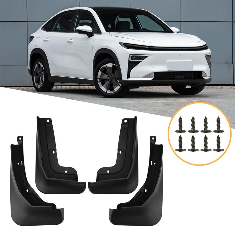 Black 4-piece car wheel splash mud flap set with mounting screws, front and rear fit