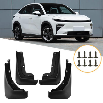 Black 4-piece car wheel splash mud flap set with mounting screws, front and rear fit