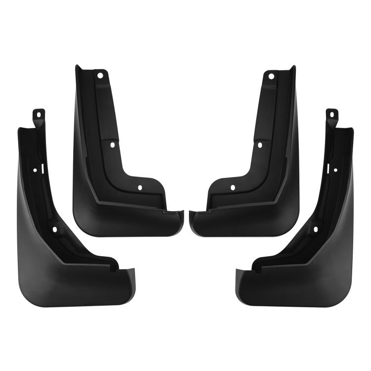 Black 4-piece wheel splash flap set with mounting holes for front and rear areas