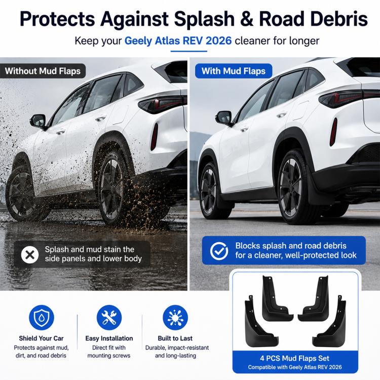 Black wheel splash mud flaps set to block splash and road-debris buildup