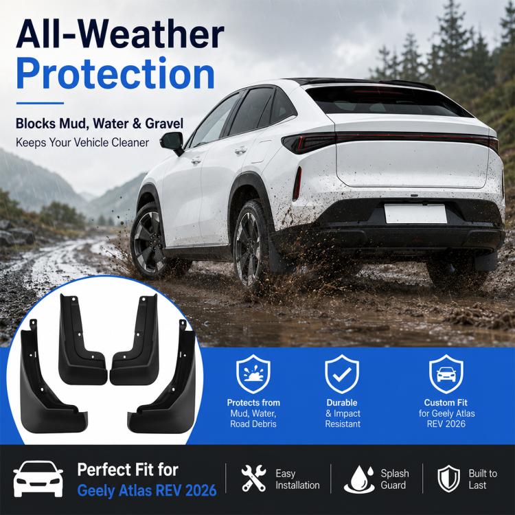 Black wheel splash mud flap set for all-weather protection from mud, water, and gravel