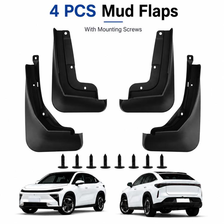 Black 4-piece mud flap set with mounting screws for wheel-arch splash protection