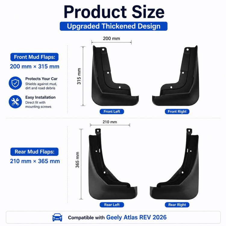 Front and rear mud flap size measurements for black wheel splash flap set