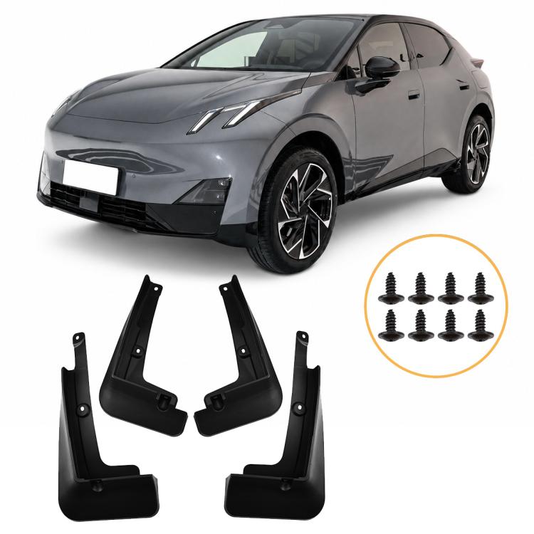 4-piece black mud flap set with mounting holes and included screws