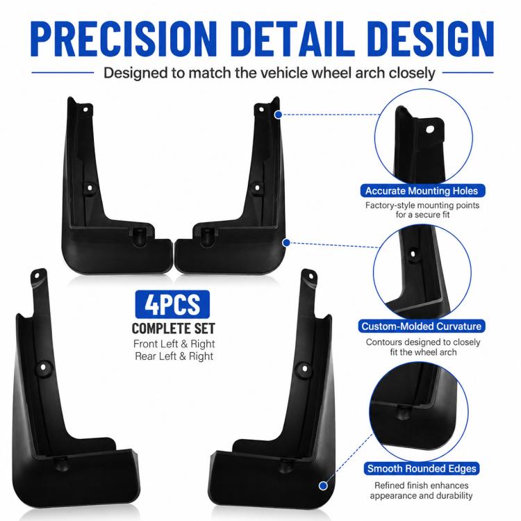 Black custom-molded mud flaps with precise mounting holes and smooth rounded edges