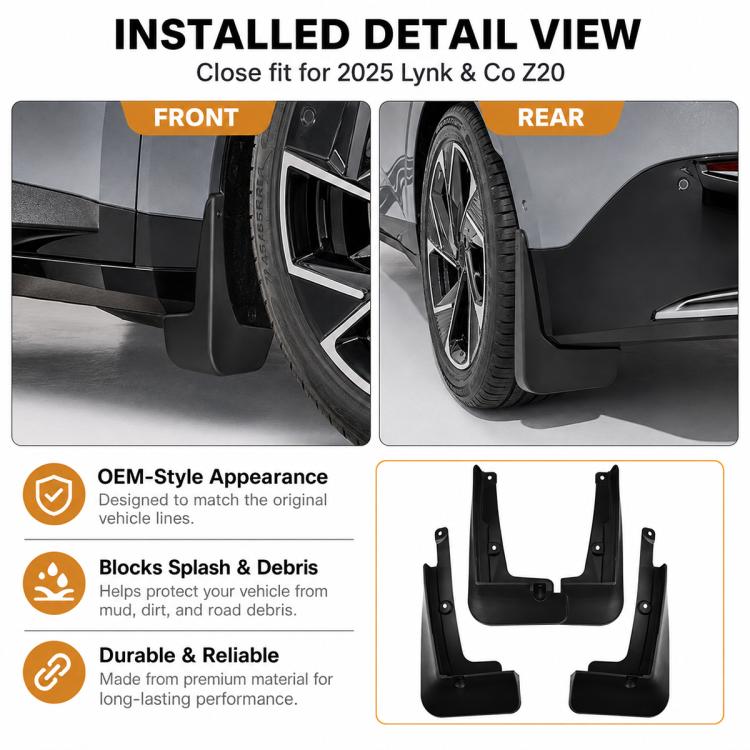 Installed black front and rear mud flaps with close fit to wheel arches