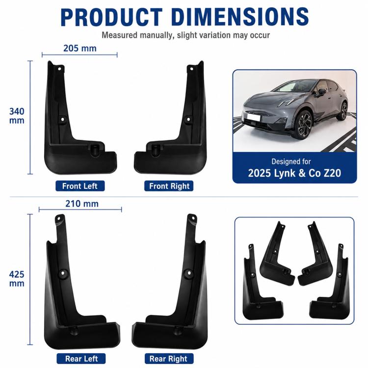 Black front and rear mud flaps with measured left and right fit
