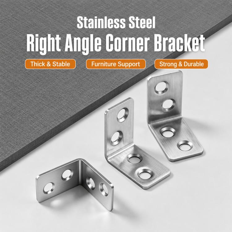 Stainless steel right-angle corner bracket set with mounting holes