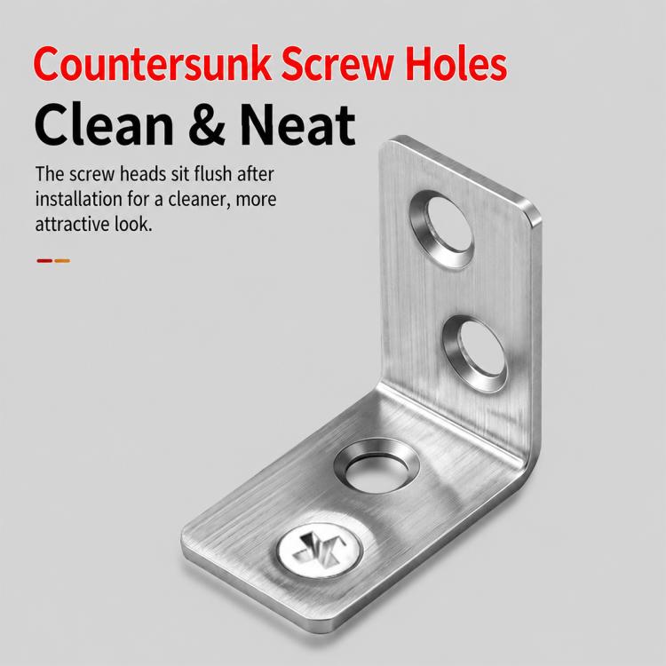 Stainless steel right-angle corner bracket with countersunk screw holes