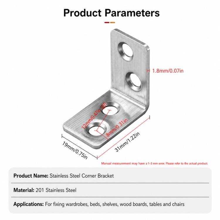 Stainless steel corner bracket with mounting dimensions and 3 screw holes
