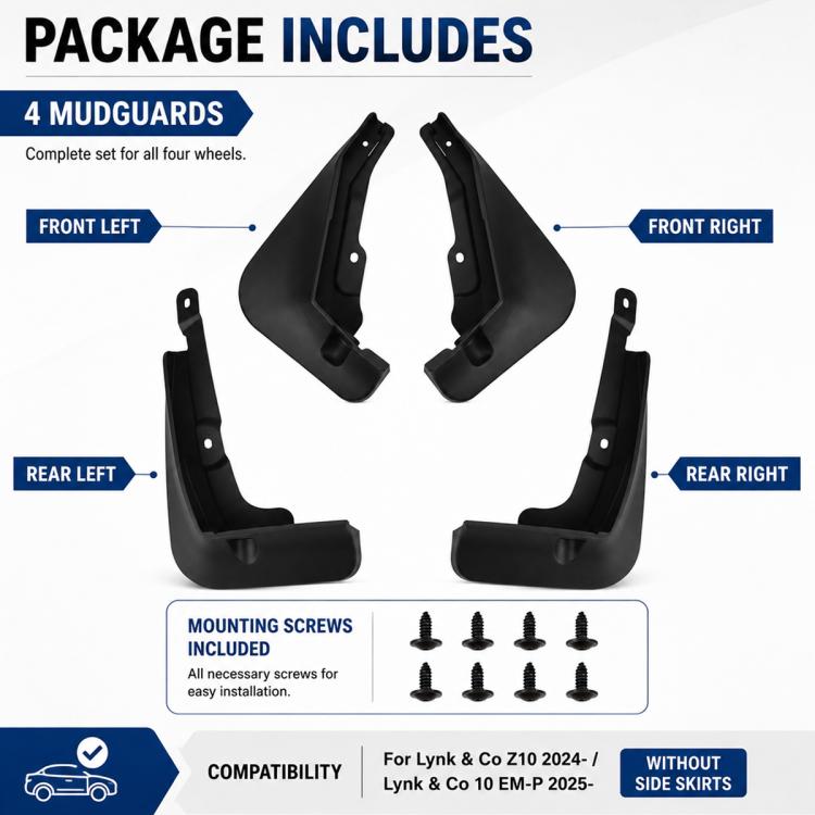 Black 4-piece mudguard set with mounting screws, shaped for front and rear wheels
