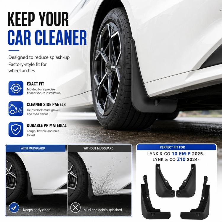 Black front wheel splash flap on car, contoured fender mudguard with mounting holes