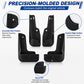 Precision-molded black wheel splash flaps with contoured edges and holes