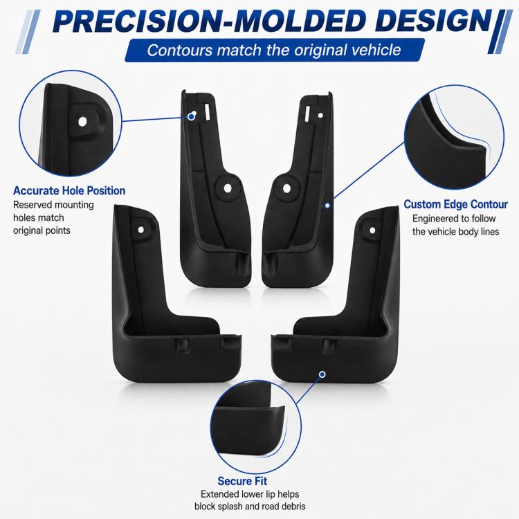 Precision-molded black wheel splash flaps with contoured edges and holes