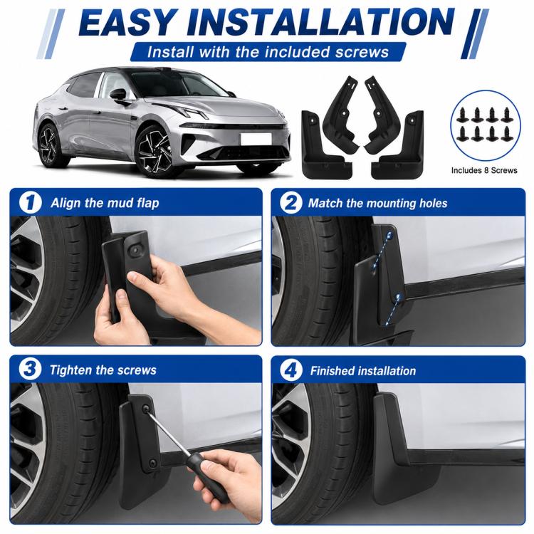 Black splash flaps kit for car installation with included screws