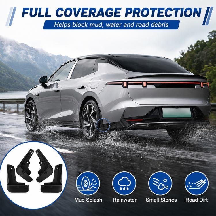 Black mud and splash guard flaps on a car wheel for debris protection
