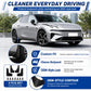 Black 4-piece splash flap set fitted to a car body for bodywork protection