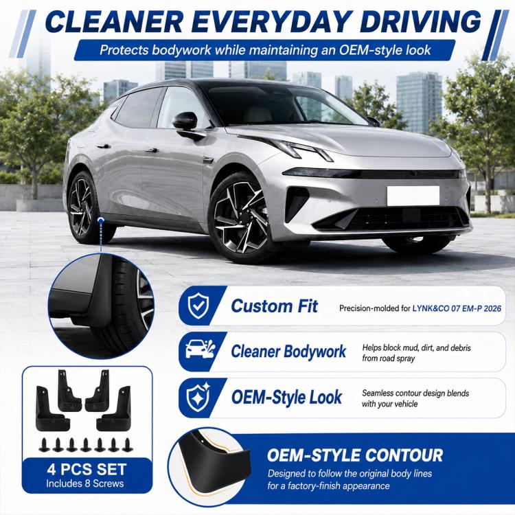 Black 4-piece splash flap set fitted to a car body for bodywork protection