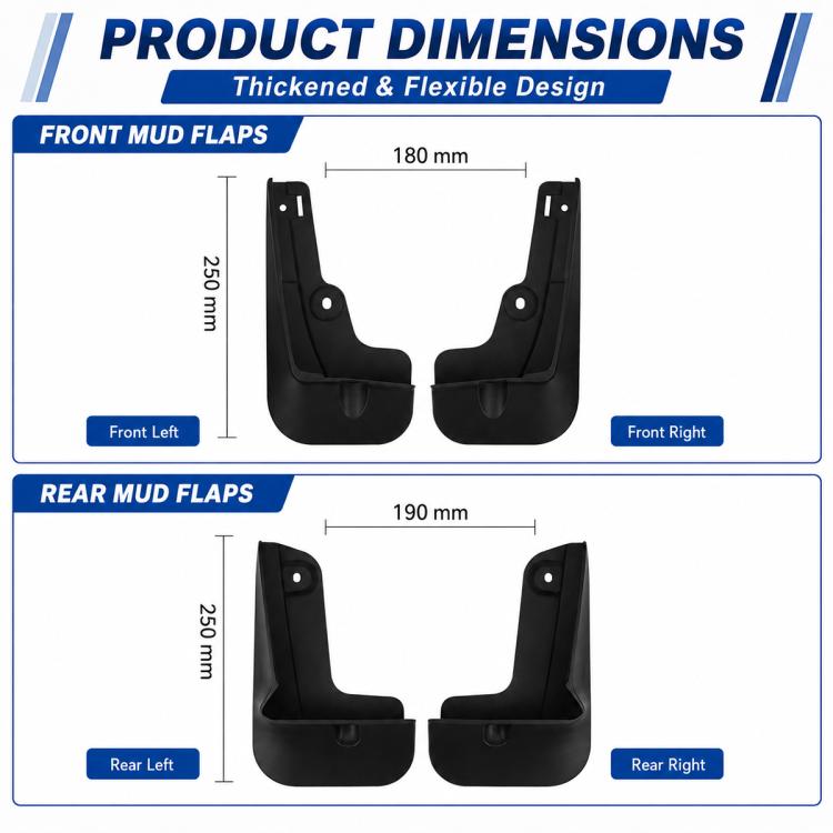 Splash flap product dimensions: front and rear left/right in millimeters