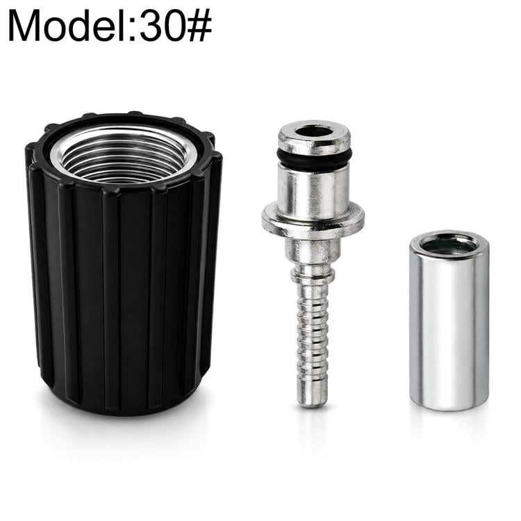 High-pressure hose connector with black outer sleeve and silver metal fitting