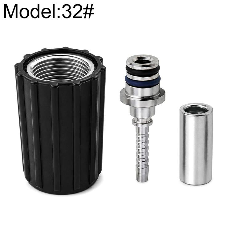 High-pressure hose connector with black sleeve, blue seal ring, and silver metal fitting