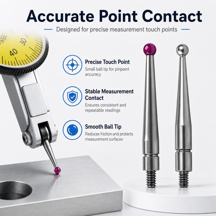 Threaded Ball Lever Dial Indicator Probe, Stainless steel, Ruby