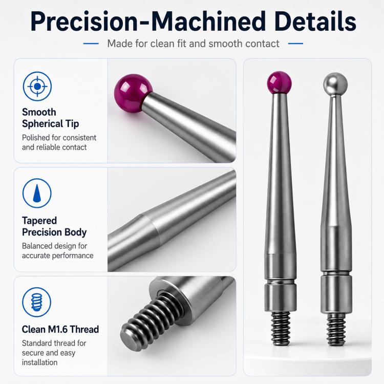 Threaded Ball Lever Dial Indicator Probe, Stainless steel, Ruby