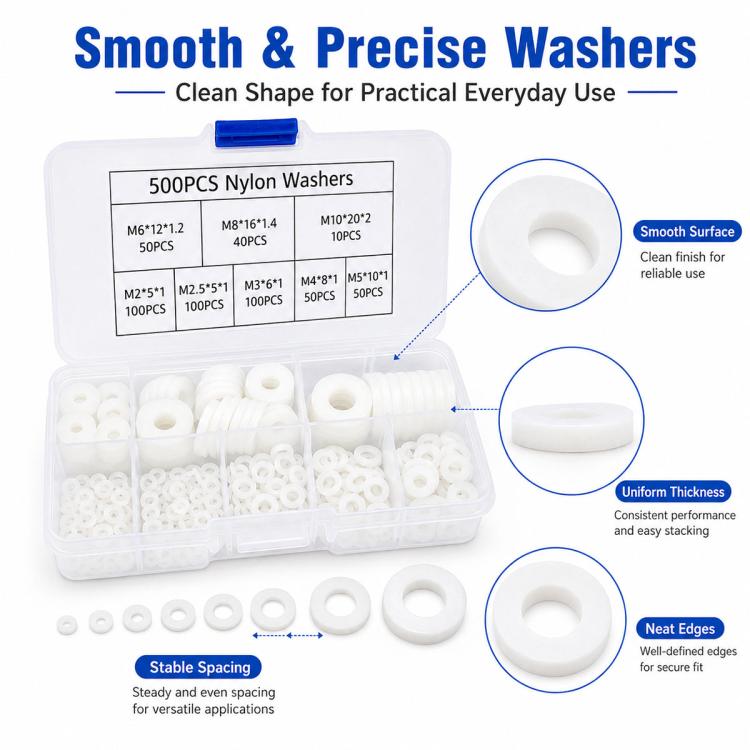500PCS Nylon Flat Washer Insulating Round Spacers, 500PCS White
