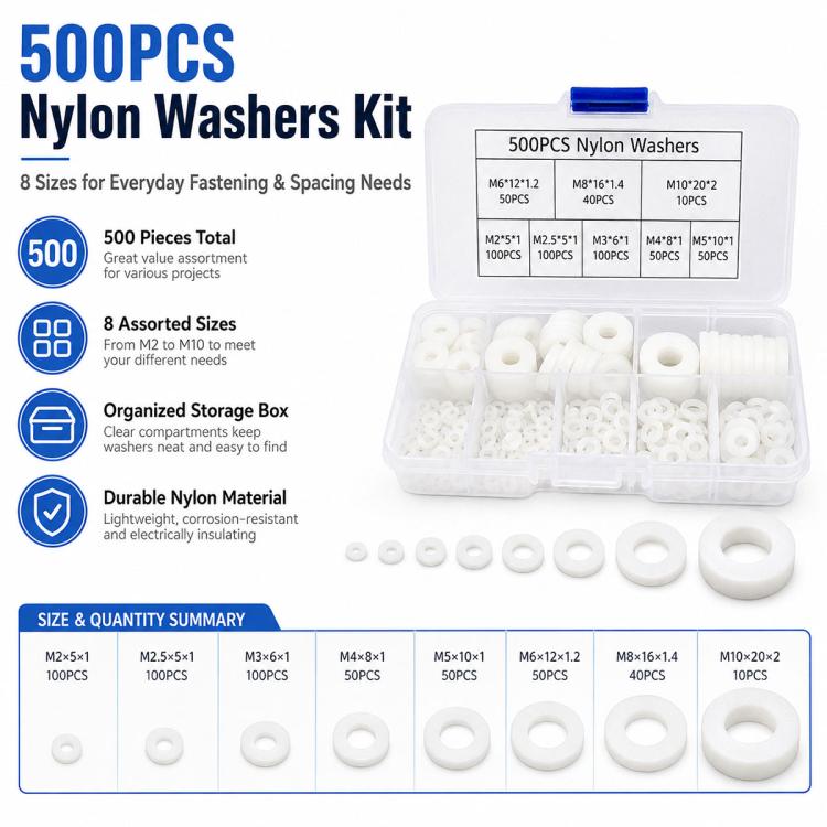 500PCS Nylon Flat Washer Insulating Round Spacers, 500PCS White