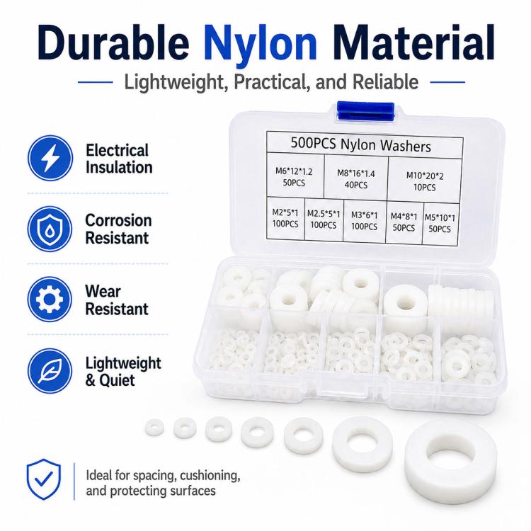 500PCS Nylon Flat Washer Insulating Round Spacers, 500PCS White