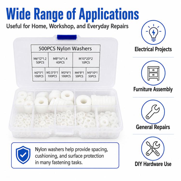 500PCS Nylon Flat Washer Insulating Round Spacers, 500PCS White