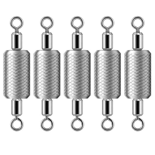 Five embossed metal fishing sinkers with top loop and bottom eyelet rings, silver