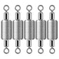Five embossed dual-loop fishing sinkers with top eye ring and bottom swivel ring