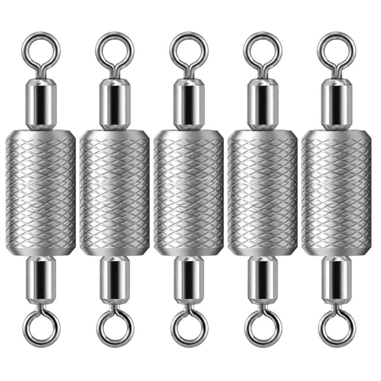 Five embossed dual-loop fishing sinkers with top eye ring and bottom swivel ring