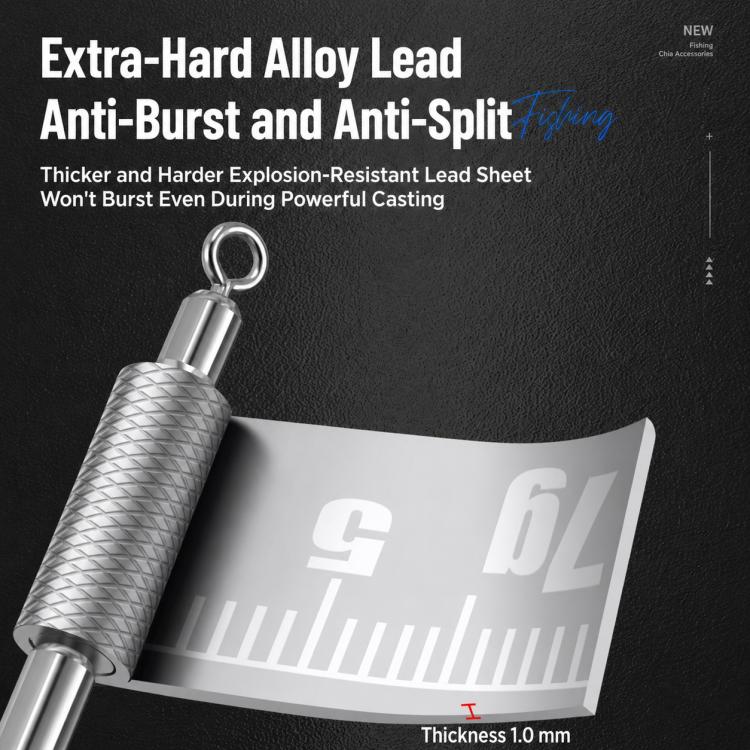 Extra-hard alloy lead sinker with two loop rings, textured silver-gray metal body