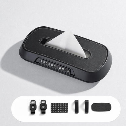Car Tissue Box with Temporary Parking Phone Number Card, Leather