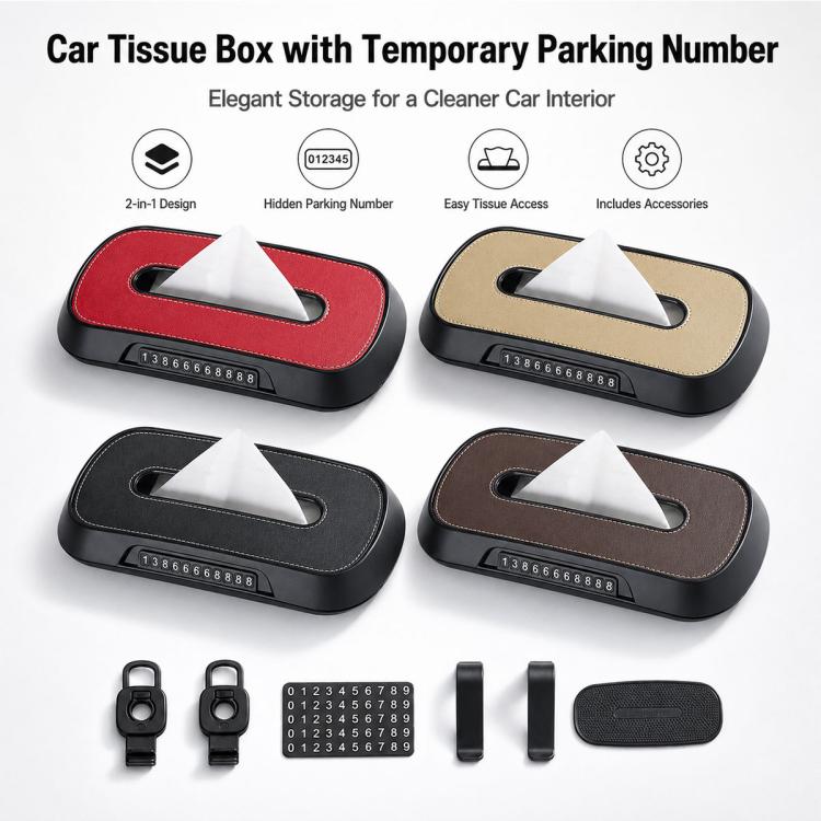 Car Tissue Box with Temporary Parking Phone Number Card, Leather