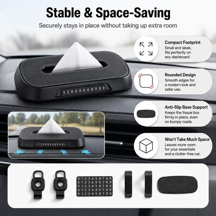 Car Tissue Box with Temporary Parking Phone Number Card, Leather