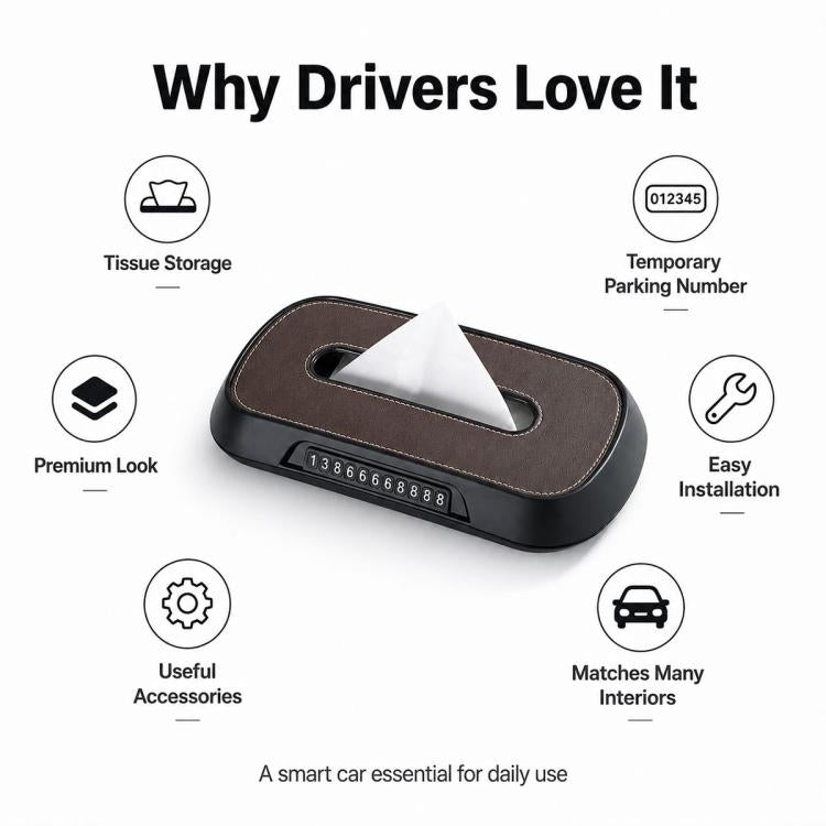 Car Tissue Box with Temporary Parking Phone Number Card, Leather